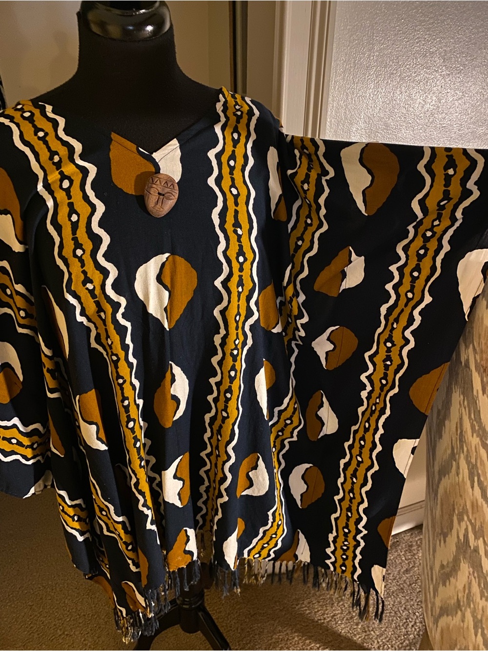 Mudcloth print, fringe, tunic top, brown, tan..
